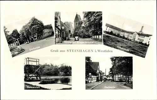 Ak Steinhagen in Westfalen, Dorfmitte, Badeanstalt, Dorfmotiv, Volksschule, Kirche, Kriegerdenkmal