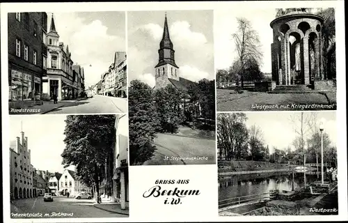 Ak Beckum in Westfalen, Westpark, Nordstr., St. Stephanuskirche, Kriegerdenkmal, Marktplatz, Rathaus