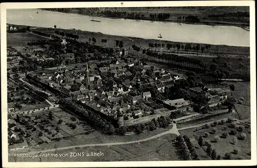 Ak Zons Dormagen Niederrhein, Totalansicht der Ortschaft, Fliegeraufnahme