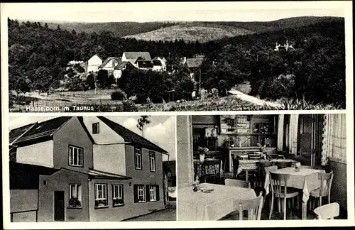 Ak Hasselborn Waldsolms im Taunus Hessen, Gasthaus und Pension, Innenansicht, Blick auf den Ort