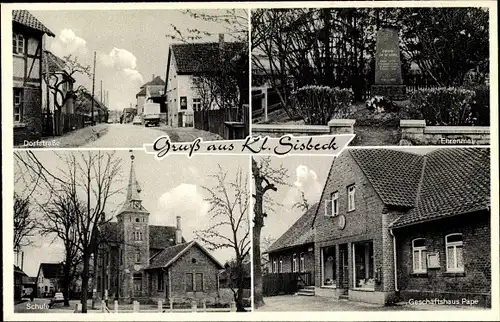 Ak Klein Sisbeck Groß Twülpstedt in Niedersachsen, Geschäftshaus Pape, Schule, Ehrenmal