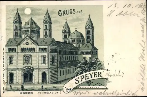 Mondschein Litho Speyer am Oberrhein Rheinland Pfalz, Kaiserdom, Vorderansicht