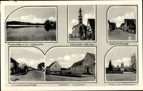 Ak Lingenfeld in der Pfalz, Fischweiher, Kath. Kirche, Bahnhofstraße, Rathaus, Straßenpartie