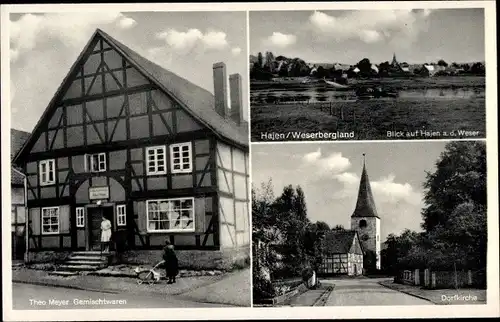 Ak Hajen Emmerthal Weser, Gemischtwaren Theo Meyer, Ortschaft, Dorfkirche