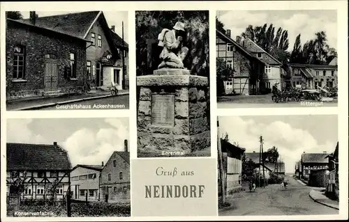 Ak Neindorf Wolfsburg Niedersachsen, Rittergut, Ehrenmal, Konservenfabrik, Geschäftshaus Ackenhausen