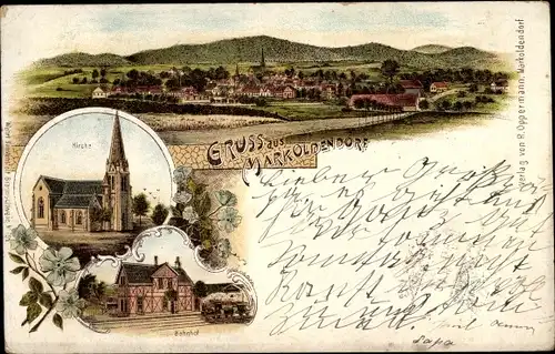 Litho Markoldendorf Dassel in Niedersachsen, Gesamtansicht, Kirche, Bahnhof