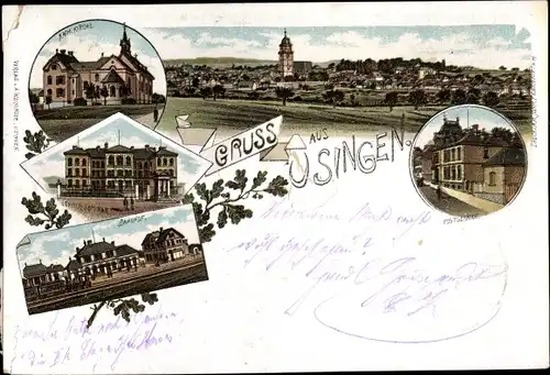 Litho Usingen im Taunus Hessen, Bahnhof, Lehrerseminar, Kirche, Amtsgebäude, Panorama
