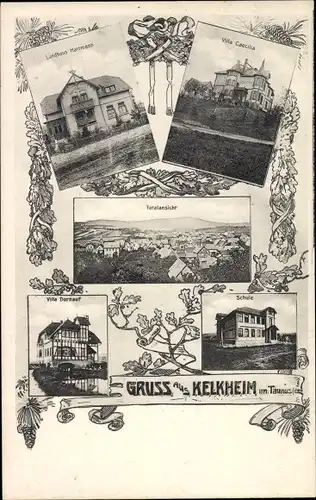 Ak Kelkheim im Taunus, Panorama, Villa Caecilia, Landhaus Hartmann, Villa Dornauf, Schule