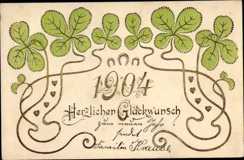 Präge Litho Glückwunsch Neujahr, Jahreszahl 1904, Kleeblätter, Hufeisen, Herzen