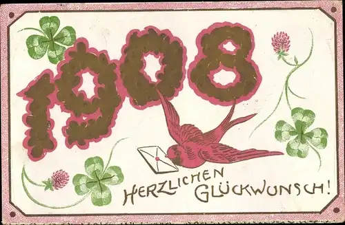 Ak Glückwunsch Neujahr, Jahreszahl 1908, Kleeblätter, Schwalbe mit Brief