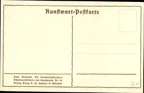 Scherenschnitt Künstler Ak Konewka, P., Handwerksburschen, Männer mit Wanderstöcken, Faust