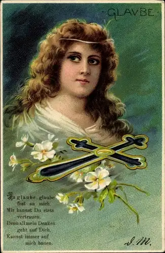 Litho Allegorie, Glaube, Frauenportrait, Kreuz, Blüten