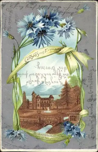 Präge Litho Gruß aus, Kornblumen, Gebäude, Gebirge, Fluss, Kitsch