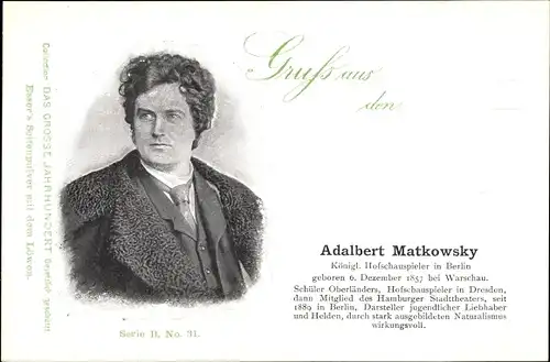 Ak Schauspieler Adalbert Matkowsky, Portrait, Reklame, Esser's Seifenpuler
