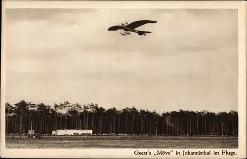 Ak Berlin Treptow Johannisthal, Flugplatz, Flugzeug Geest's Möve im Fluge