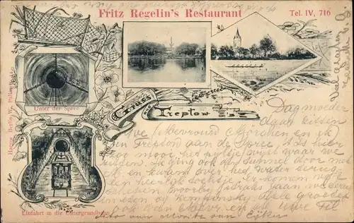 Ak Berlin Treptow, Fritz Regelin's Restaurant, Einfahrt in die Untergrundbahn, Stralau