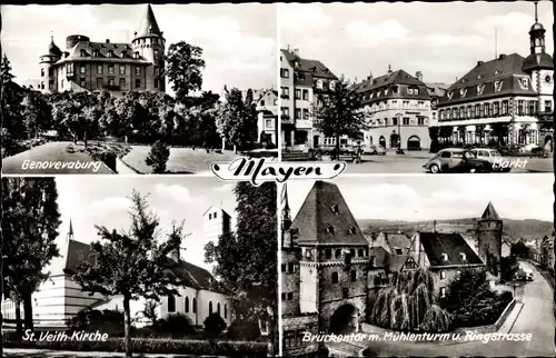 Ak Mayen in der Eifel, Genovevaburg, Marktplatz, Brückentor, Mühlenturm, St. Veith Kirche, Ringstr.