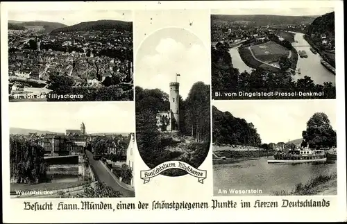 Ak Hann. Münden in Niedersachsen, Panorama, Weserstein, Dingelstedt Pressel Denkmal, Tillyschanze