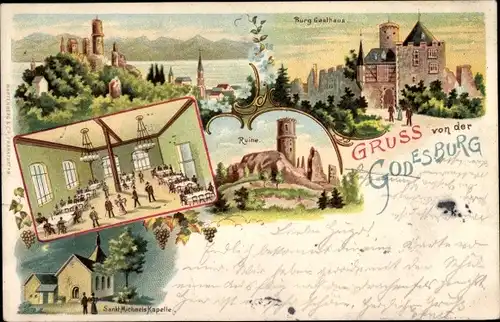 Litho Bad Godesberg Bonn am Rhein, Godesburg, Burg Gasthaus, Innenansicht, St. Michaels Kapelle