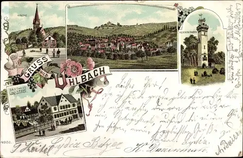 Litho Uhlbach Stuttgart am Neckar, Kirche, Gasthaus zur Krone, Blick auf den Ort, Aussichtsturm