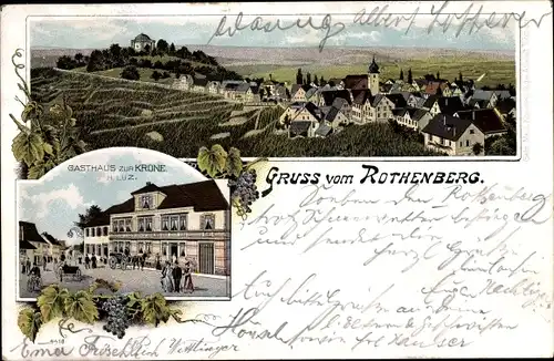 Litho Rotenberg Stuttgart, Gasthaus zur Krone, Blick auf den Ort