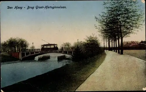 Ak Den Haag Südholland Niederlande, Brug Groot Hertoginnelaan, Brückenpartie, Straßenbahn