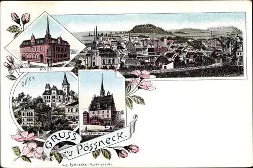 Litho Pößneck in Thüringen, Post, Villen, Panorama, Rathaus