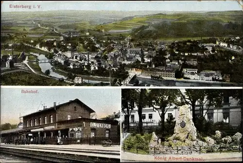 Ak Elsterberg im Vogtland, Fliegeraufnahme der Stadt, Bahnhof, König Albert Denkmal