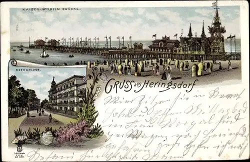 Litho Ostseebad Heringsdorf auf Usedom, Kaiser Wilhelm Brücke, Seeschloss