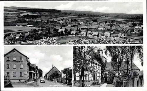 Ak Groß Schneen Friedland Niedersachsen, Gasthaus, Pension, Straßenpartie, Kirche, Panorama