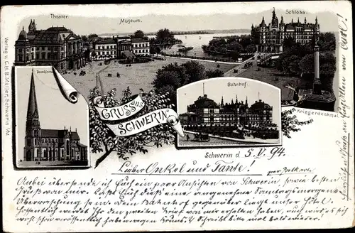 Vorläufer Litho Schwerin in Mecklenburg, Domkirche, Bahnhof, Schloss, Kriegerdenkmal