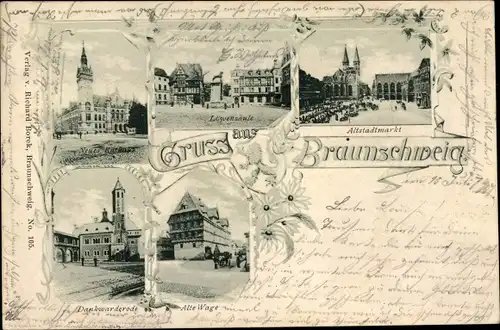 Ak Braunschweig in Niedersachsen, Altstadtmarkt, Dankwarderode, Löwensäule, Rathaus, alte Waage