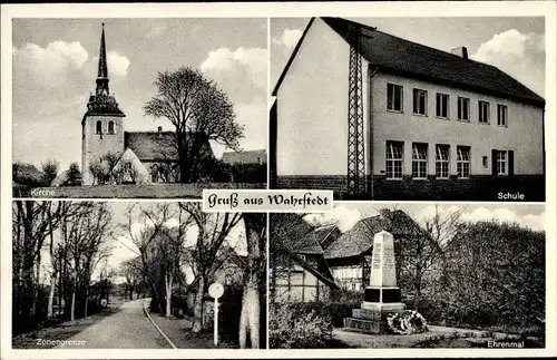 Ak Wahrstedt Velpke in Niedersachsen, Kirche, Schule, Ehrenmal, Zonengrenze