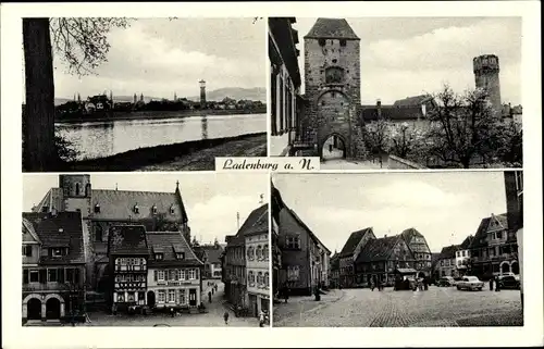 Ak Ladenburg am Neckar Baden, Neckarpartie, Burg, Tor, Marktplatz, Gasthof