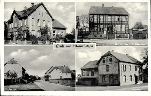 Ak Mainzholzen Eimen in Niedersachsen, Geschäftshaus Huchthausen, Schule, Gasthaus, Dorfstraße