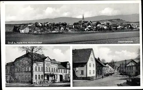 Ak Halle im Weserbergland Kreis Holzminden, Gasthof Brand, Straßenpartie, Panorama