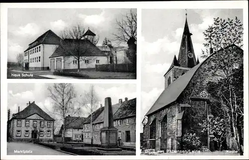 Ak Pattensen an der Leine, Neue Schule, Marktplatz, Kirche