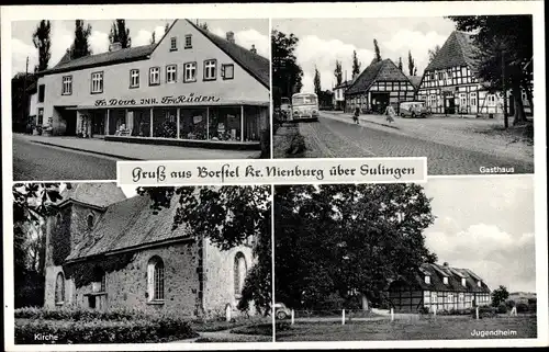 Ak Borstel Kr. Nienburg Kr. Diepholz Niedersachsen, Geschäft Fr. Rüden, Gasthof, Kirche, Jugendheim