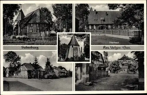 Ak Suderburg in der Lüneburger Heide, Kirche, Pfarrhaus, Dorfpartie