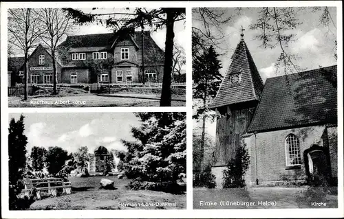 Ak Eimke im Landkreis Uelzen, Kaufhaus Albert Rörup, Kirche, Hermann Löns Denkmal