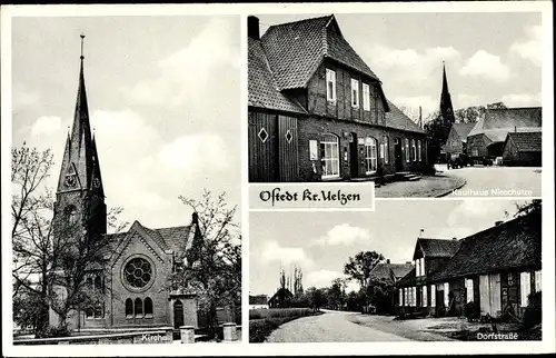 Ak Ostedt Wrestedt in der Lüneburger Heide, Kirche, Kaufhaus Nieschultze, Dorfstraße
