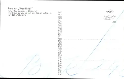 Ak Elkenrott Elkenroth im Westerwald, Pension Waldblick, Inh. Titus Bender, Vogelschau