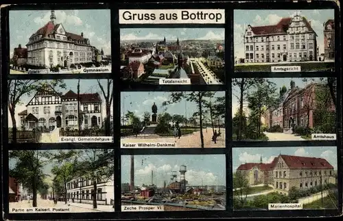 Ak Bottrop im Ruhrgebiet, Zeche Prosper VI, Amtshaus, Marienhospital, Gymnasium, Gemeindehaus