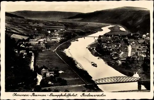 Ak Bodenwerder in Niedersachsen, Panorama vom Ort, Oberweser Personen Dampfschiffahrt