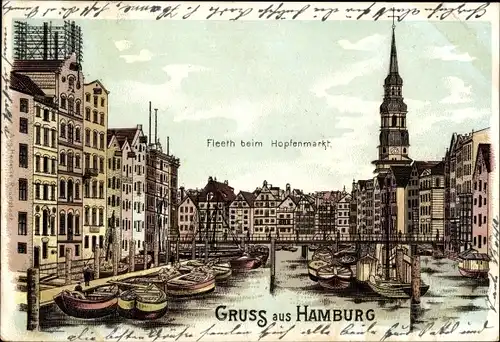 Litho Hamburg Mitte Altstadt, Fleeth beim Hopfenmarkt