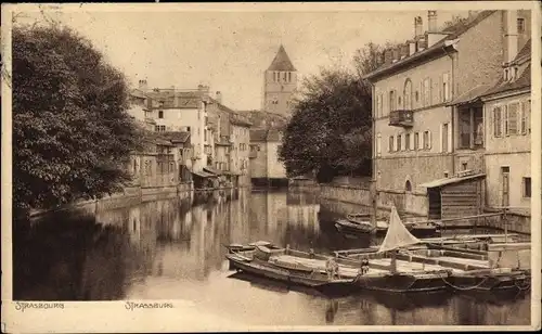 Ak Strasbourg Straßburg Elsass Bas Rhin, Illufer, Anlegestelle, Boote, Häuserfassaden