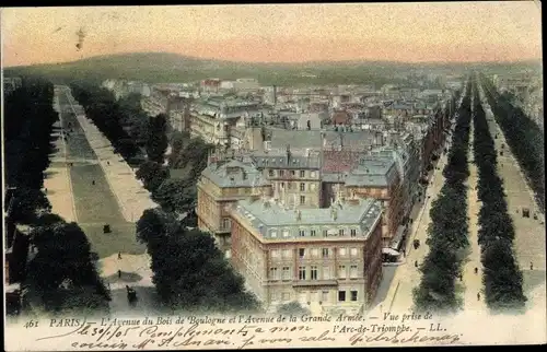 Ak Parix VIII, Vue prise de l'Arc de Triomphe, Avenue du Bois de Boulogne, Avenue de la Grande Armee