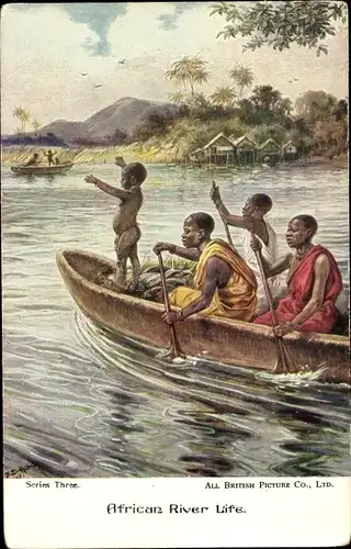 Künstler Ak Afrika, African River Life, Männer in einem Boot