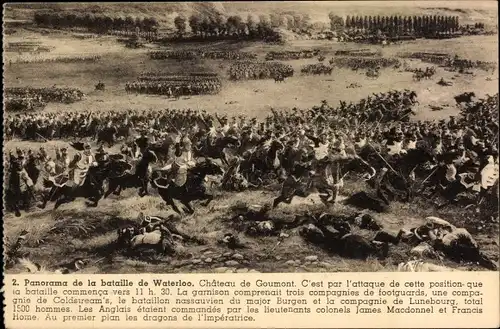 Ak Schlacht von Waterloo, Schlachtenpanorama, Napoleon Bonaparte, Chateau de Goumont