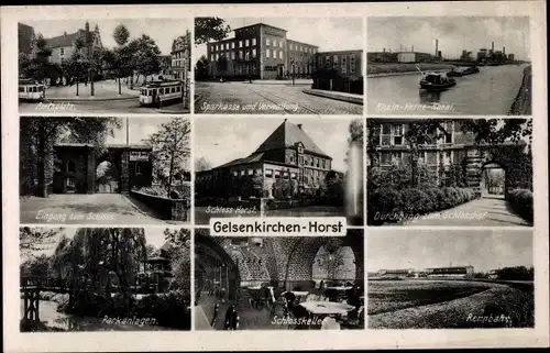 Ak Horst Gelsenkirchen im Ruhrgebiet, Sparkasse, Rennbahn, Schlosskeller, Amtsplatz